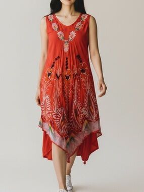 CW Classics Women Floral Sleeveless Asymmetrical Dress Embroidery M Boho Summer